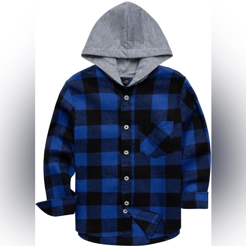 Siliteelon Boy/Toddler 2-3T Blue/Black Plaid Flannel Button Down Hoodie Shirt